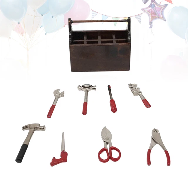 Boîte à outils pour maison de poupée miniature 1/12 en bois avec outils pour maison de poupée 1/12