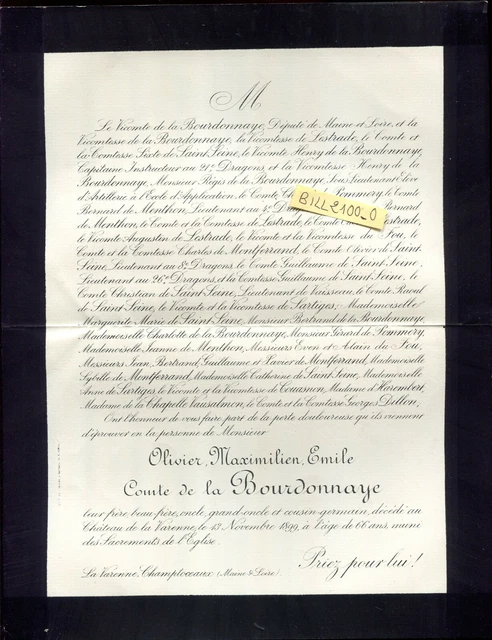 FAIREPART DÉCÈS M.OLIVIER Maximilien Emile Comte de la Bourdonnaye