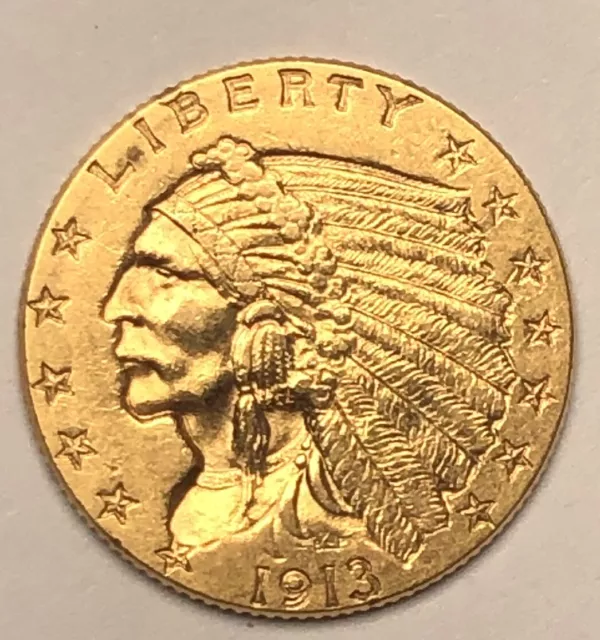 High Grade - 1913 $2.5 Gold Indian Head Quarter Eagle Gold Coin - Strong Details