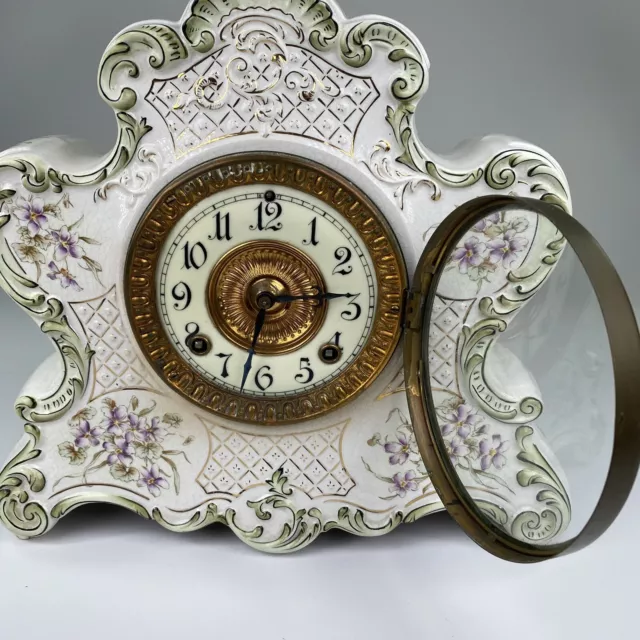 Dresden Floral Porcelain Case 8-Day Mantel Clock Ansonia/Wringer Co No 1378 1890 3