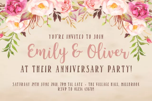 10 Personalised Anniversary Party Invitations - Rustic Vintage Pink Floral