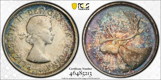 Gorgeous Rainbow Toned 1963 Silver Canadian Silver Quarter 25 Cent PCGS PL65