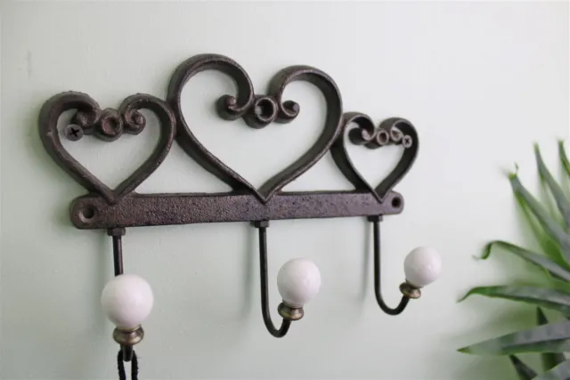 Rustic Cast Iron Wall Hooks 3 Scrolled Hearts Coat Towel Gown Storage Hangers
