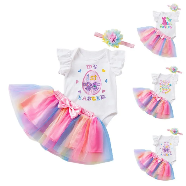 Child Girls Baby Princess My 1st Easter Rabbit Bunny Tops Rainbow Skirt Outfit