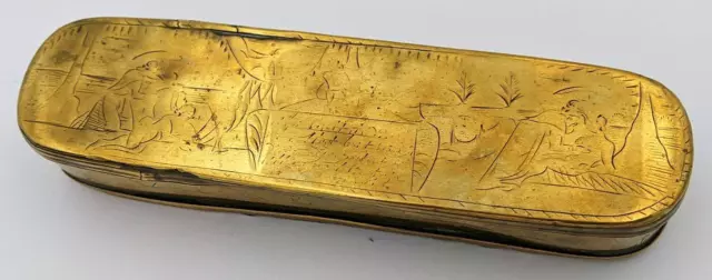 18Th Century Dutch Brass Engraved Adam & Eve Scene Tobacco Box 3