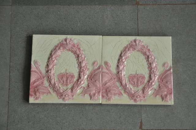 2 Pc Vintage Fine Flower Garland Embossed Ceramic Tiles,England