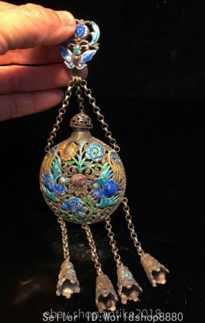 2.4" Old China Silver Painting Fengshui Pair Phoenix Flower Snuff Bottle Sachet