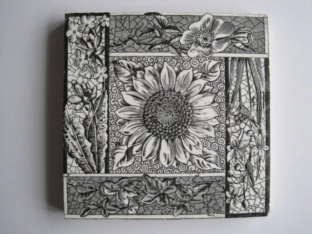 ANTIQUE VICTORIAN MINTONS 6" SUNFLOWER & FLORAL BORDER WALL TILE c1868 -1900