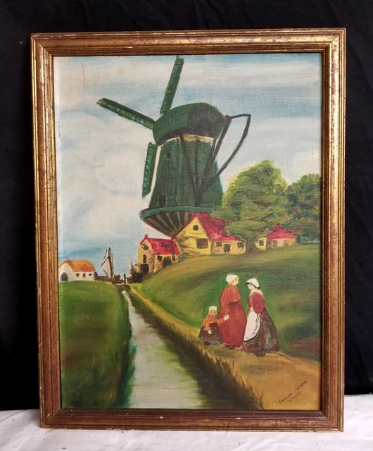 ANTIQUE DUTCH FOLK Art Oil on Canvas Landscape with Figures Signed ...