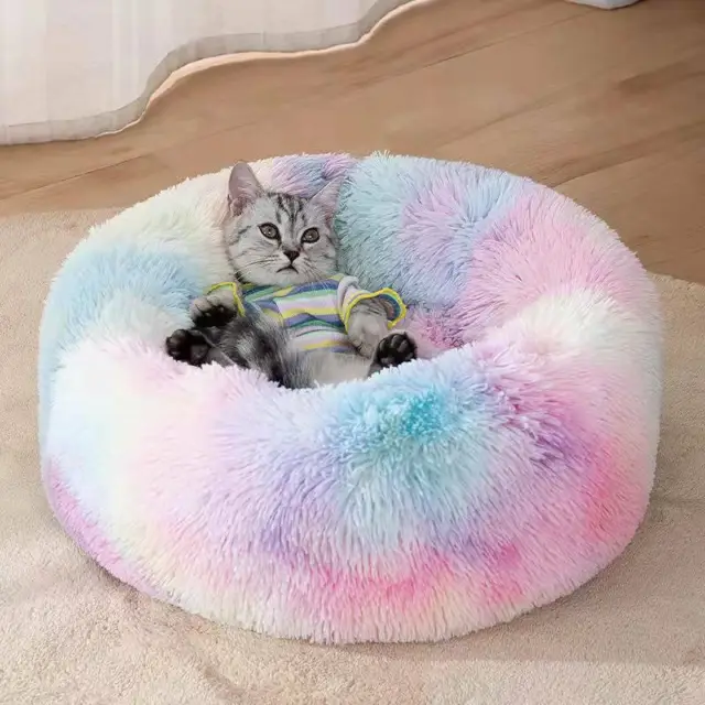 Sleeping Faux Fur PillowPet Donut Cuddler Round Plush Calming Dog Bed Cat Bed 2