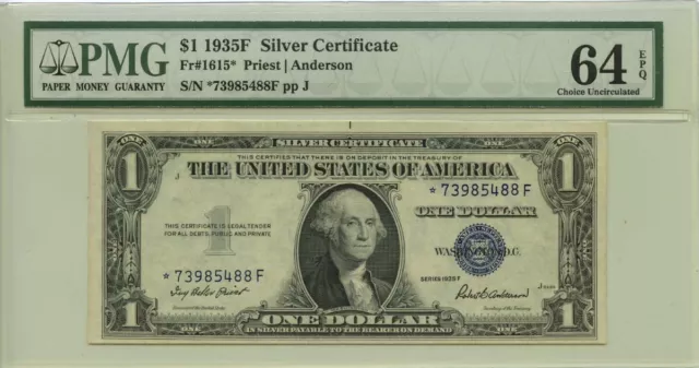 1935F $1 Silver Certificate  Fr# 1615* PMG CH64 EPQ