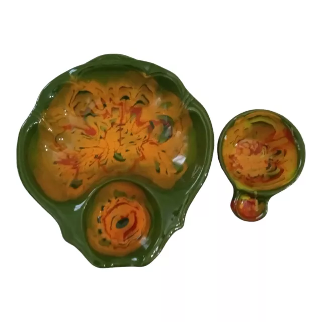 California Pottery Drip Glaze Chip Dip Bowl Set Green Yellow Orange Vintage 326