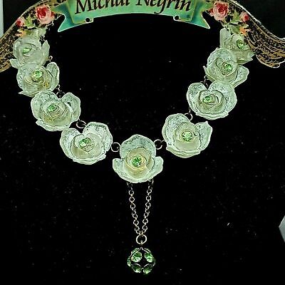 Michal Negrin Signed Statement Necklace Chunky Puffy 3D Flowers Crystals & Box