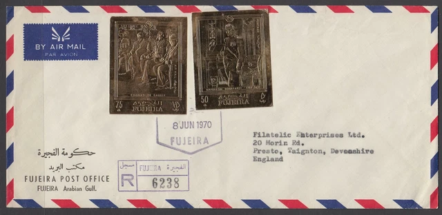 1970 UAE FUJEIRA R-Cover to England, Gold Foil Napoleon de Gaulle [bl0647]