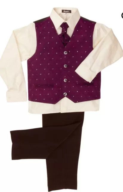 New Baby Boys 4 Piece Suit Vivaki Purple Black Trousers Waistcoat Tie Shirt 2
