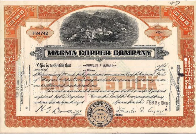 Magma Copper Company stock certificate dated 1940s-1960s Less Than 100 S. Maine