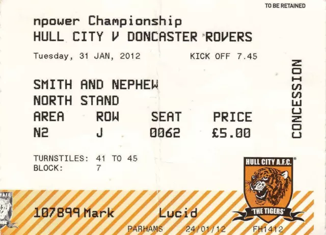 Ticket - Hull City v Doncaster Rovers 31.01.12