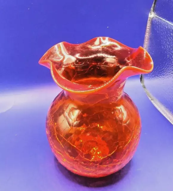 Vintage MCM Rainbow Hand-Blown Orange Crackle Glass 5” Ruffled Vase