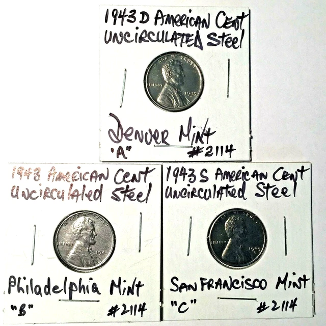 1943 P D S Uncirculated Steel Lincoln Wheat 3 Penny Set Beautiful Coins