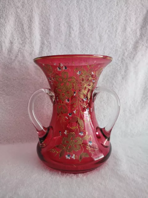 Moser Glass Cranberry 3 Handled Vase W/ Gold Enameled Decoration