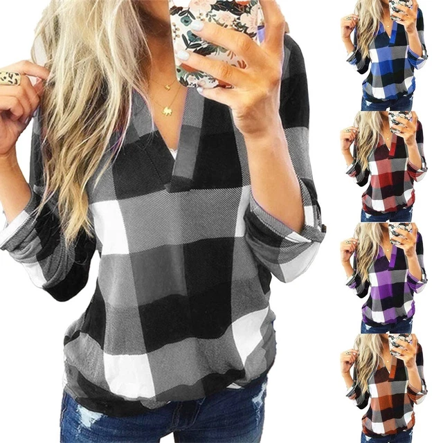Camicia da donna top donna donna a quadri larghi S-2XL camicie collo a V casual