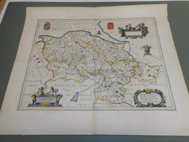 100% Original Large Flint Denbighshire Map By J Blaeu C1646 Hand Coloured