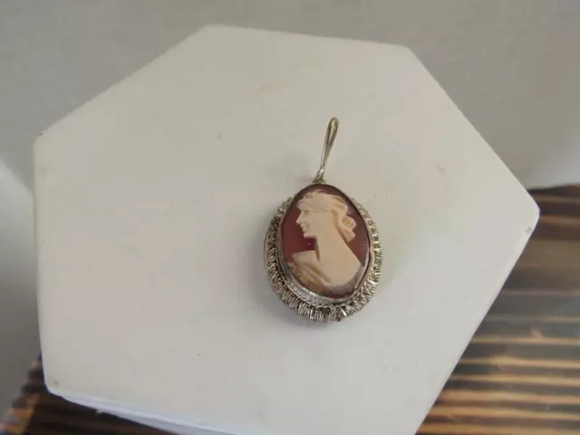 Antique Sterling Silver Left Facing Carved Shell Cameo Pin Brooch Pendant 800