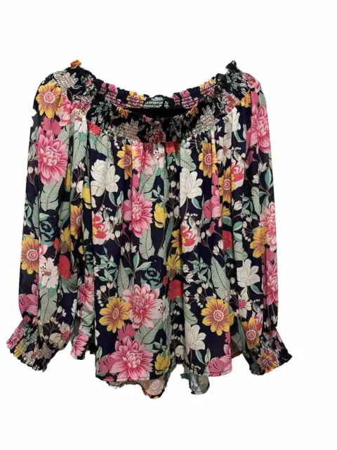 Umgee Top Womens Medium Floral Off Shoulder Boho Flowy Peasant Popover Blouse