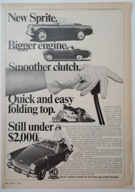 Austin Healey Sprite Sports Car Convertible Original Ad 1967 Time ~8x11"