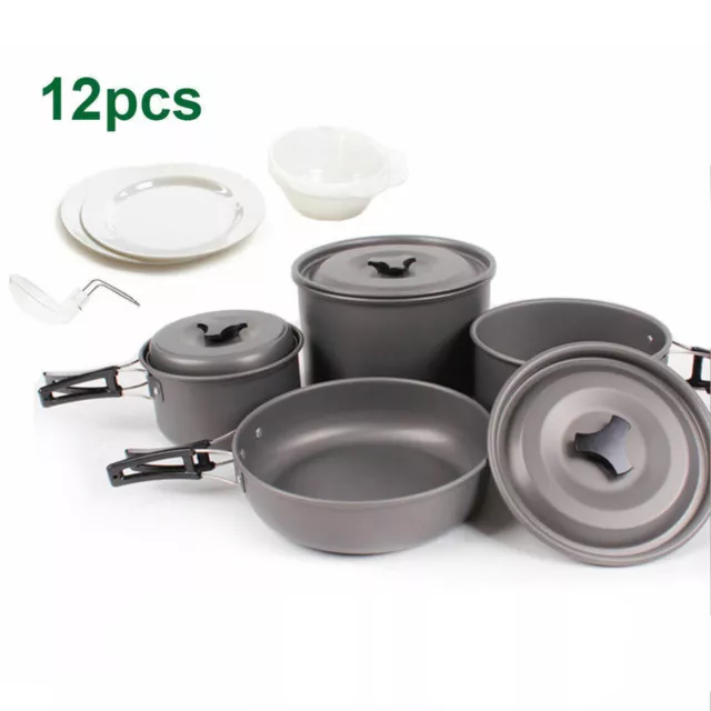 12Pcs Camping Cookware Set Hiking Picnic Bowl Outdoor Cooking Pot Spoon Frypan