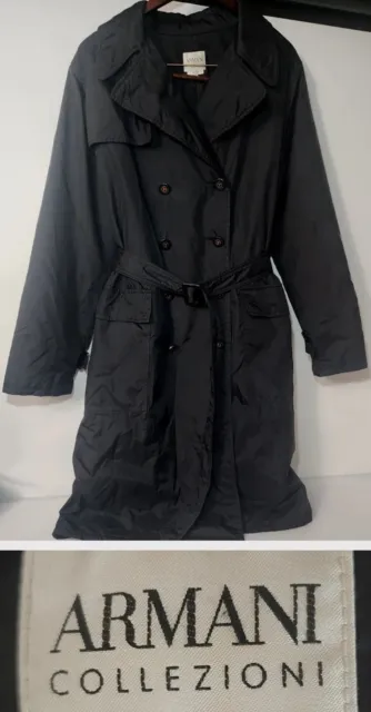 Vintage ARMANI COLLEZIONI black Poly Techno Lightweight Belted Trench Coat Sz 14