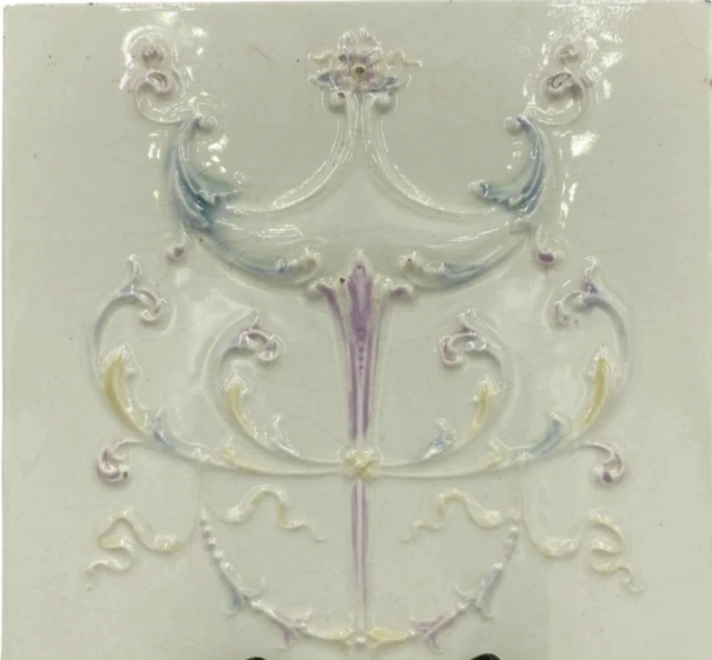 Antique 19th c. Cambridge Mantel Wall Tile Victorian High Relief Torch Design 9