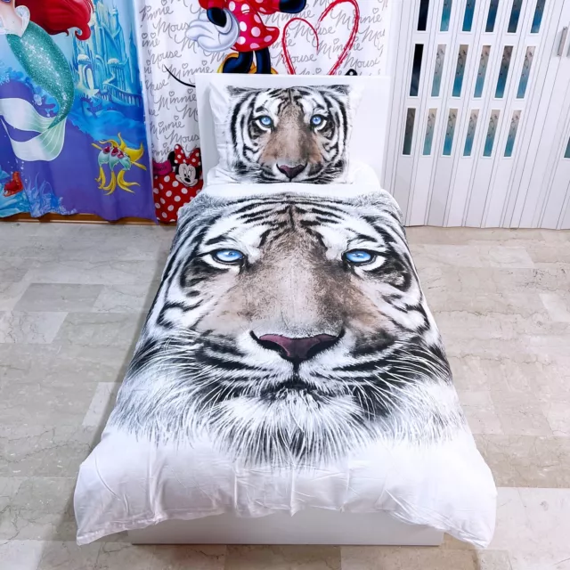 Tiger Weiß Set 2 Stück Einzelbett Bettbezug Kissenbezug Umkehrbar Baumwolle