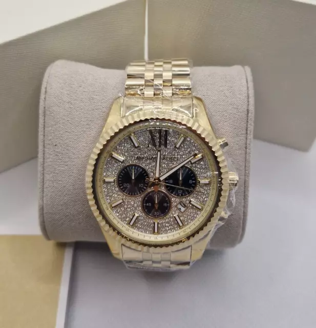 Michael Kors Mk8494 Lexington Pave Crystals Gold Tone Watch Mens New
