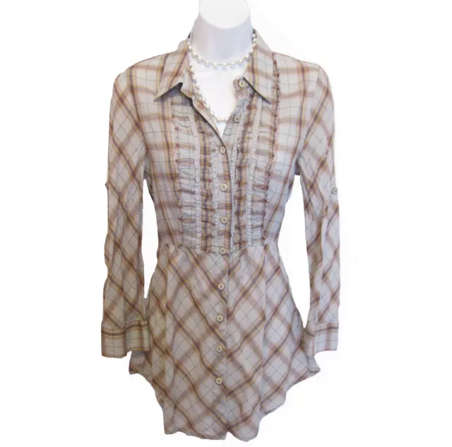 ODILLE ANTHROPOLOGIE Plaid Blouse Size 4 S Shirt Ruffle Tunic Shirt Gray Purple