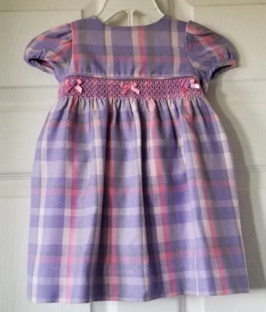 HARTSTRINGS BABY Lavender & Pink Plaid Flannel Smocked Dress Infant Girls 12M