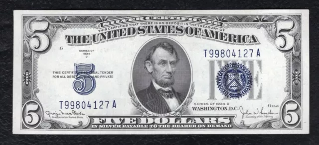 1934-D $5 Five Dollars Silver Certificate Currency Note Gem Uncirculated (C)