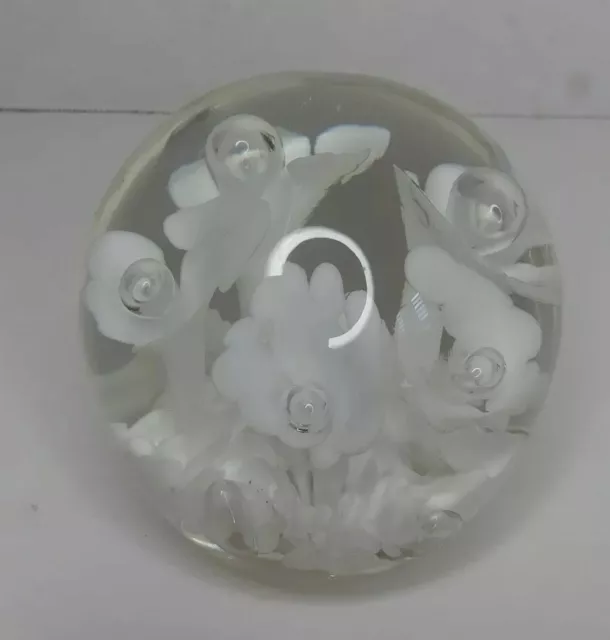 Vtg LARGE  1979 MAUDE AND BOB ST CLAIR Paperweight White Flower Art Glass SIGNED