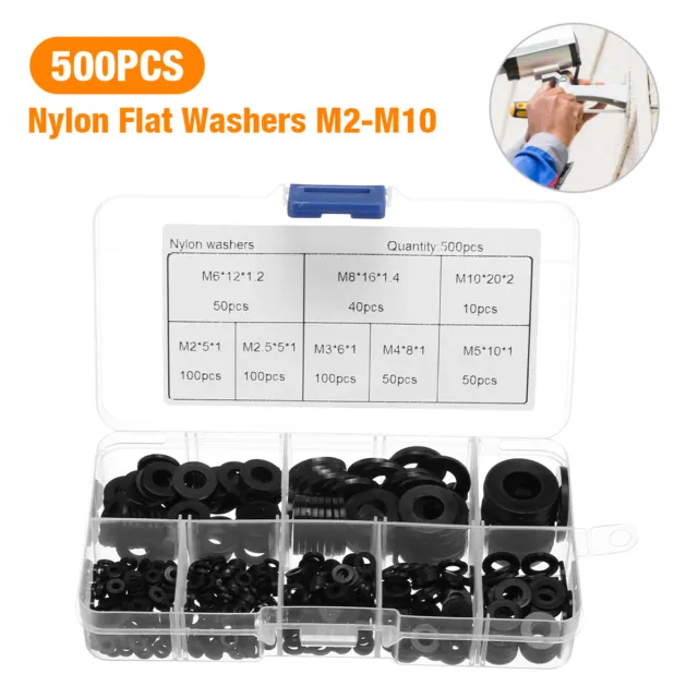 500pcs M2-M10 Set Flat Washers Nylon Rubber Rings Plain Repair Gasket Assortment
