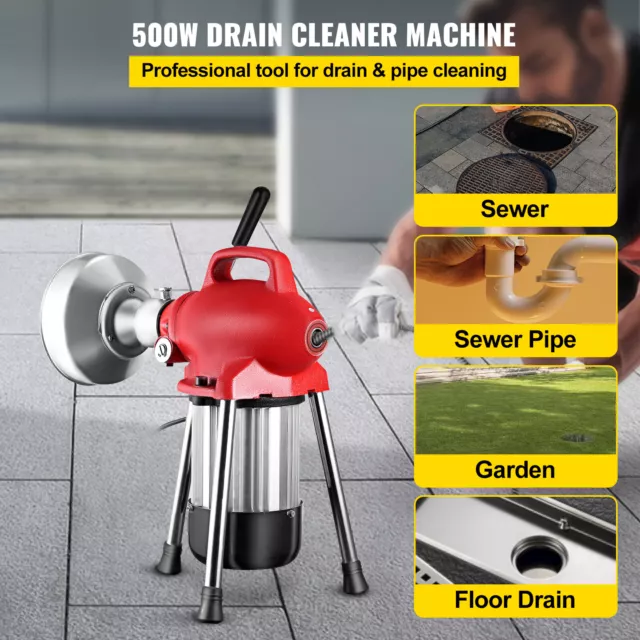 VEVOR Drain Cleaner Machine Snake Electric 500W Plumbing Sewerage Pipe 66ft 20m 2