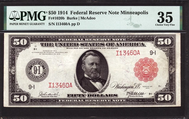 $50 1914 Red Seal FRN Minneapolis Federal FR 1020b PMG 35 - FANTASTICALLY RARE $50 1914 Red Seal FRN Minneapolis Federal FR 1020b PMG 35 - FANTASTICALLY RARE
