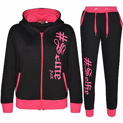 Kids #SELFIE Black Pink Tracksuit Hoodie Sweatpants Zipper Joggers Set Girls