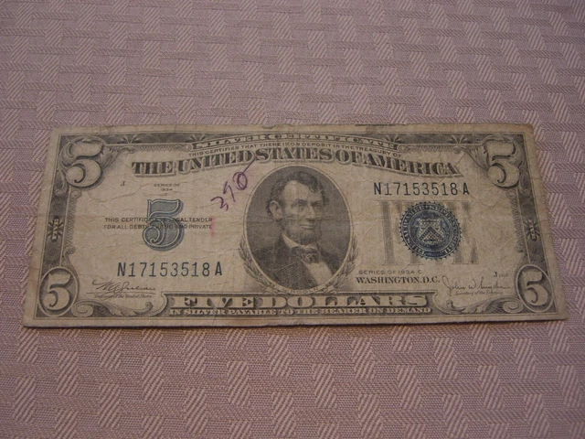 Series 1934 C Five Dollar Bill Silver Certificate, N17153518A
