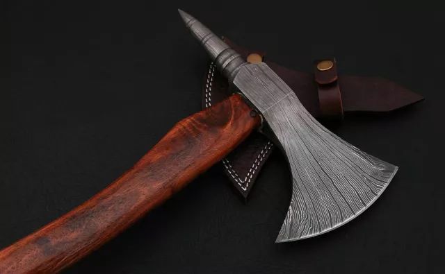 custom handmade damascus steel blade tomahawk, axe, rose wood handle with sheath