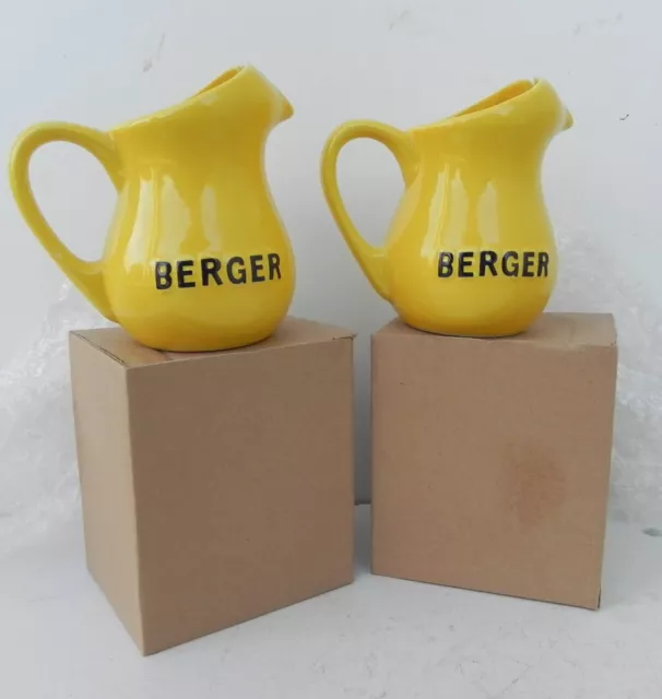 2 PETITS PICHETS en CERAMIQUE JAUNE PUBLICITAIRE "BERGER" NEUF +CARTON D'ORIGINE