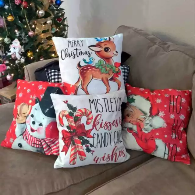 Retro Red Christmas Pillows Set Santa Snowman Rudolph Candy Cane 18" x 18"