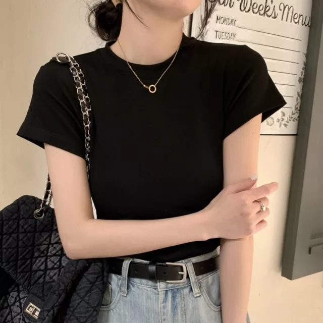T-shirt con fondo donna versione coreana quotidiana manica corta sottile tinta unita