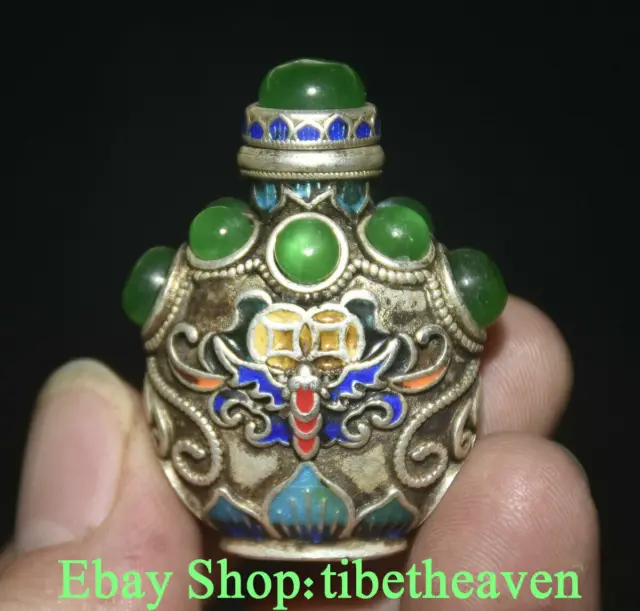 2" Marked Old China Miao Silver inlay Gems Cloisonne Dynasty Bat Snuff Bottle