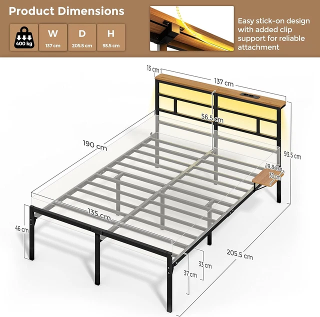 Metallic. Click DOUBLE METAL BED Frame with LED Lights Charging Station £200.37 ...