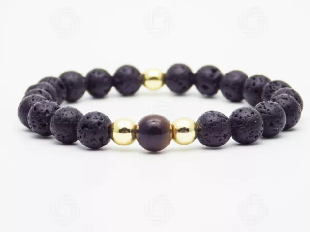 Mens Natural Tigers Eye Lava Stone Beads Bracelet Fear Anxiety Healing Gift UK